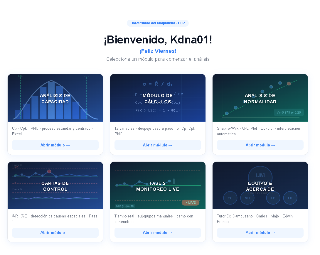 Pantalla inicial del aplicativo StatFlow CEP